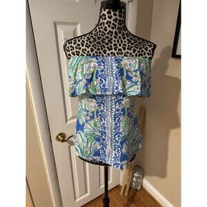 Lilly Pulitzer Wiley Ruffle Tube Top Bay Blue Medium Preppy Resort Tropical READ